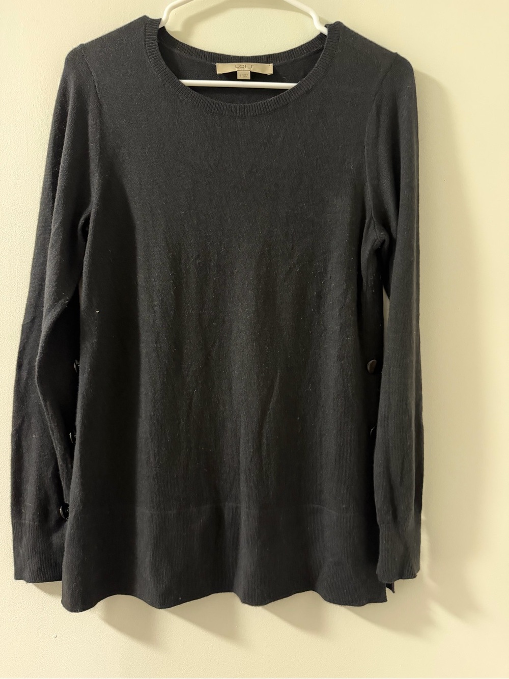 LOFT Black Crewneck Button-Sleeve Knit Top